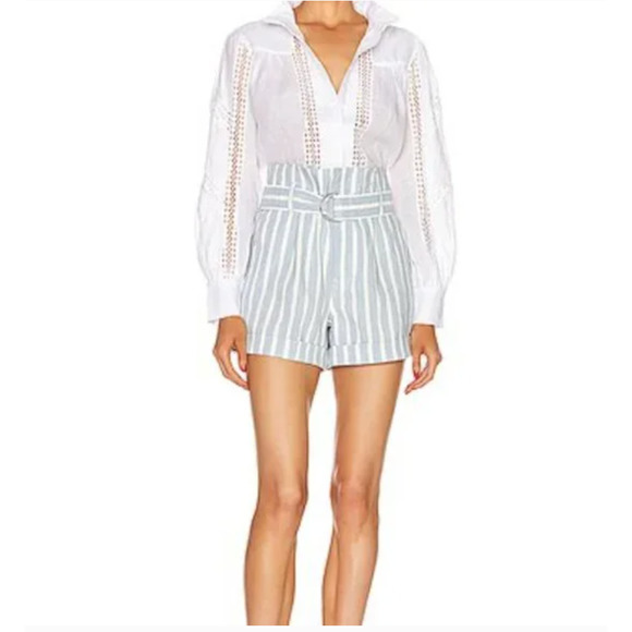 Frame Chambray and White Stripe Paperbag A-Line Linen Blend Shorts Size 6 - Picture 2 of 11
